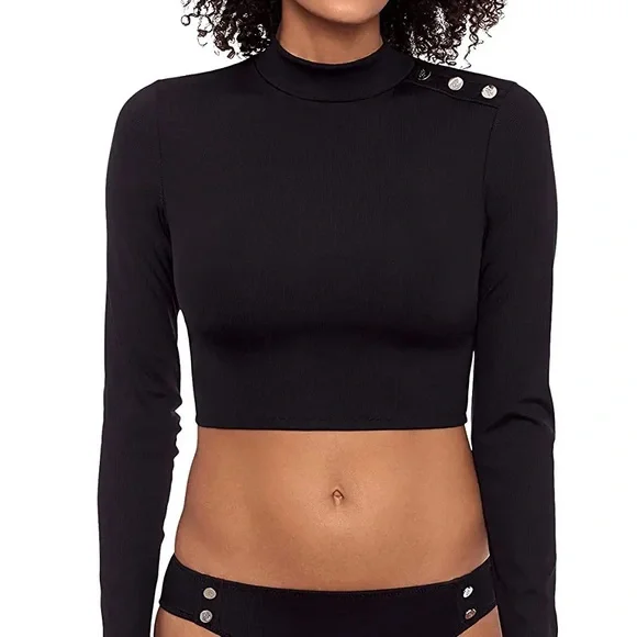 Lauren Ralph Lauren Ribbed Cropped Mockneck Rash Guard Black Swim TOP ONLY NEW - Picture 6 of 9